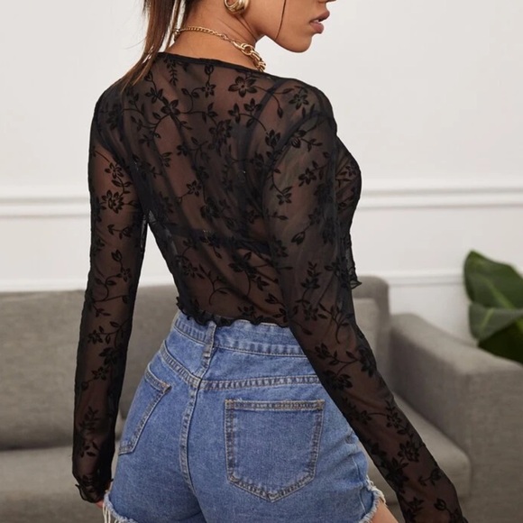 Sheer Mesh Floral Detail Lettuce Trim Tie Cardigan/Top - Picture 6 of 6